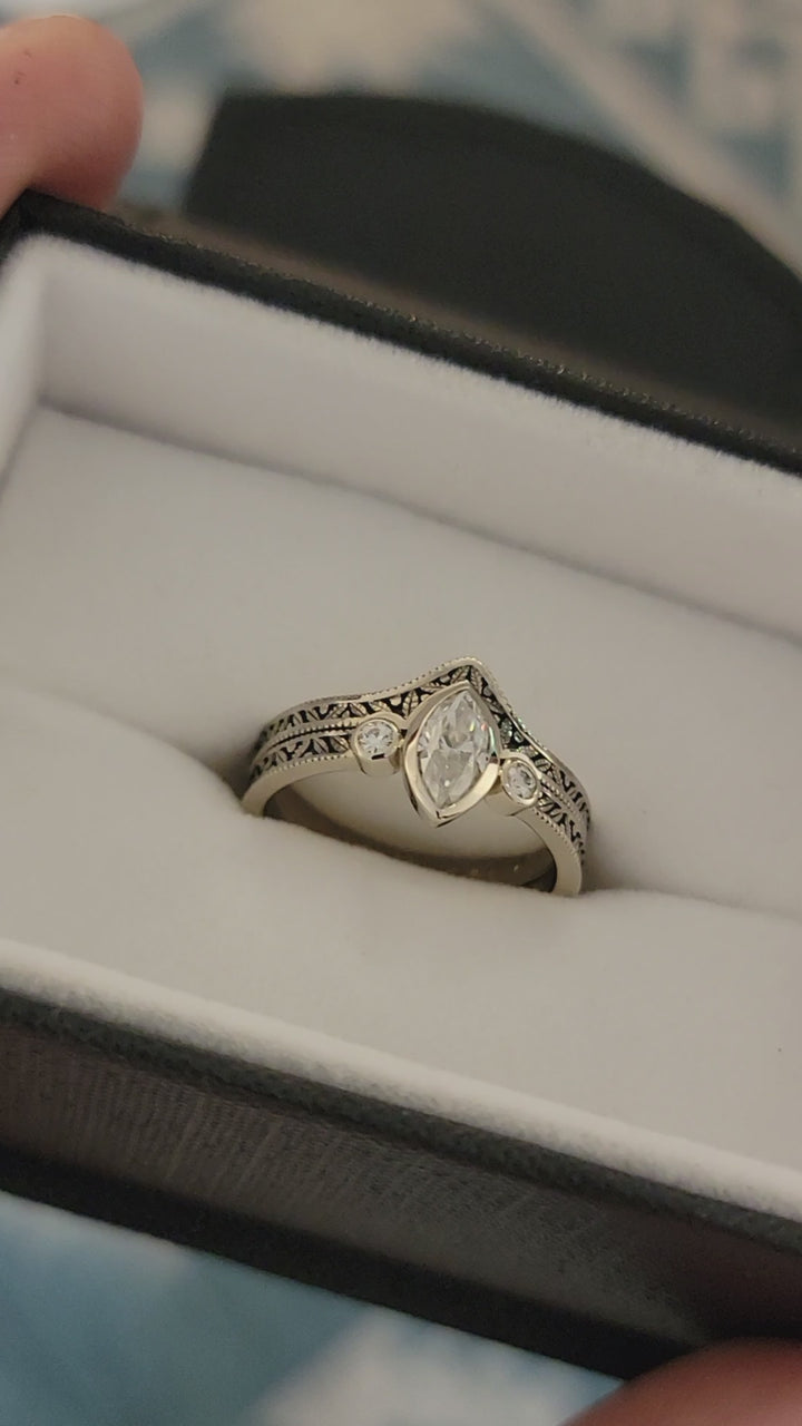 Moissanit Vintage inspiriertes Verlobungs- und Ehering-Set – Marquise-Ring – Blatt