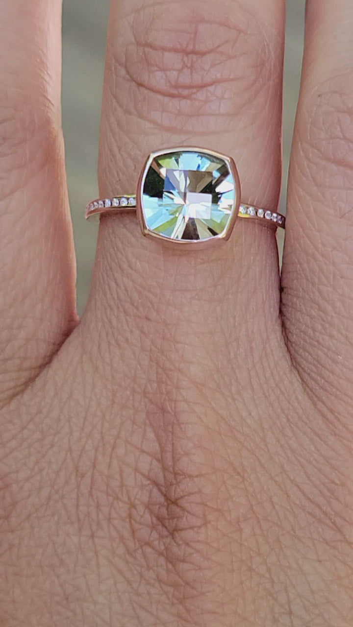 Green Amethyst and Diamond Rose gold Cushion Cut Bezel and Channel Ring