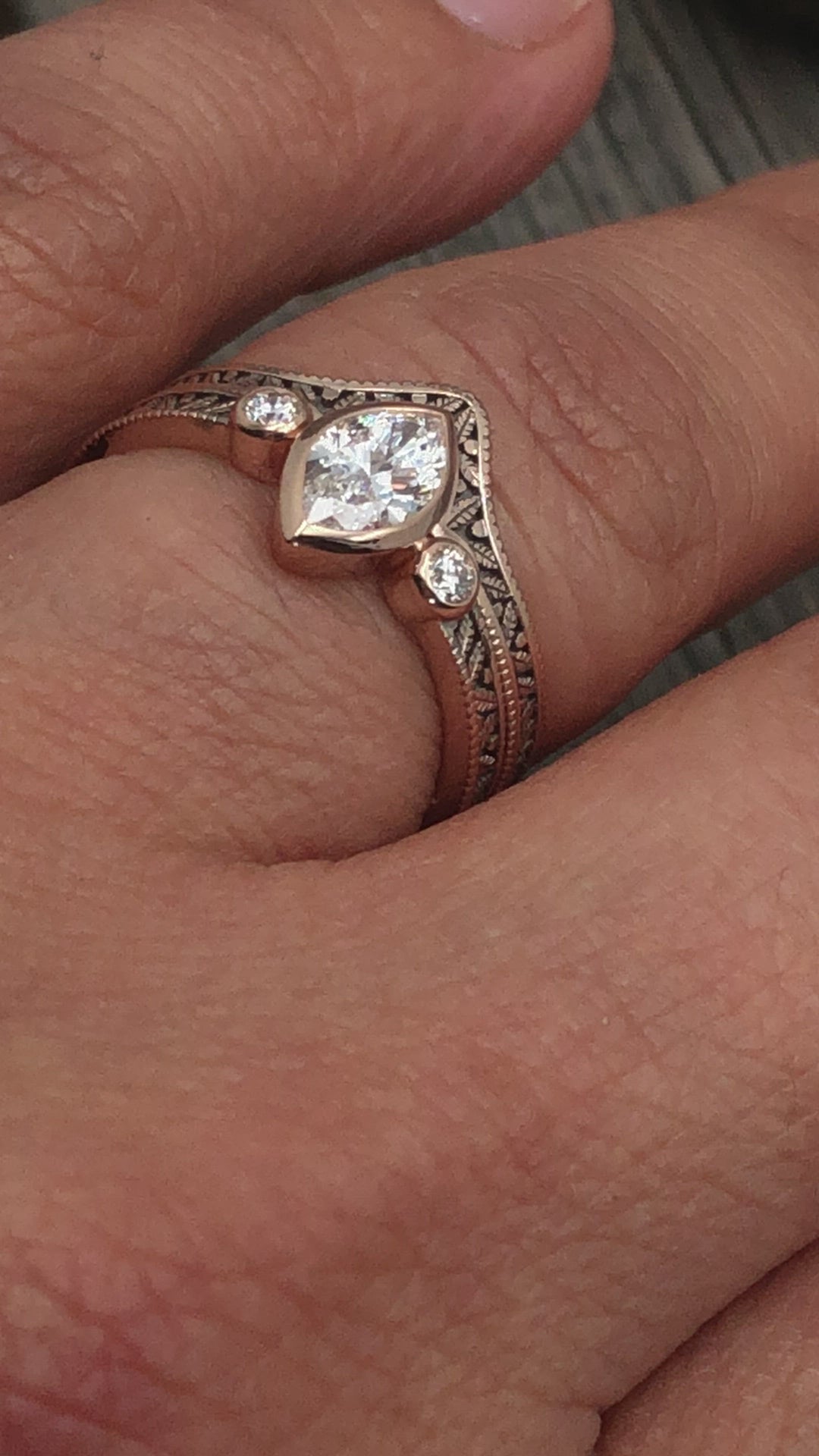 Diamond Rose Gold Hand Made Vintage Engagement Ring Set - Marquise Ring - Leaf