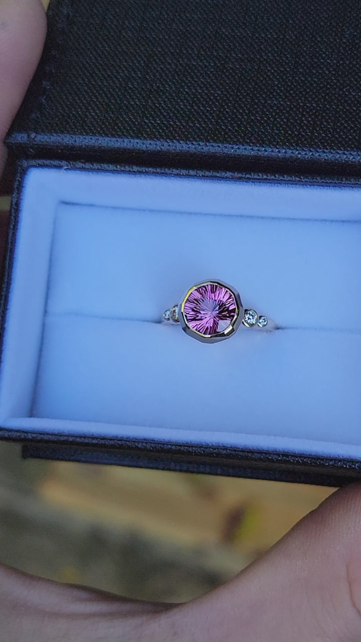 Five Stone Diamond Accented Multi Bezel Setting with a Faceted Texture Center Bezel - Depicted with a Fantasy cut Pink Tourmaline (Setting Only, Center Stone Sold Separately)
