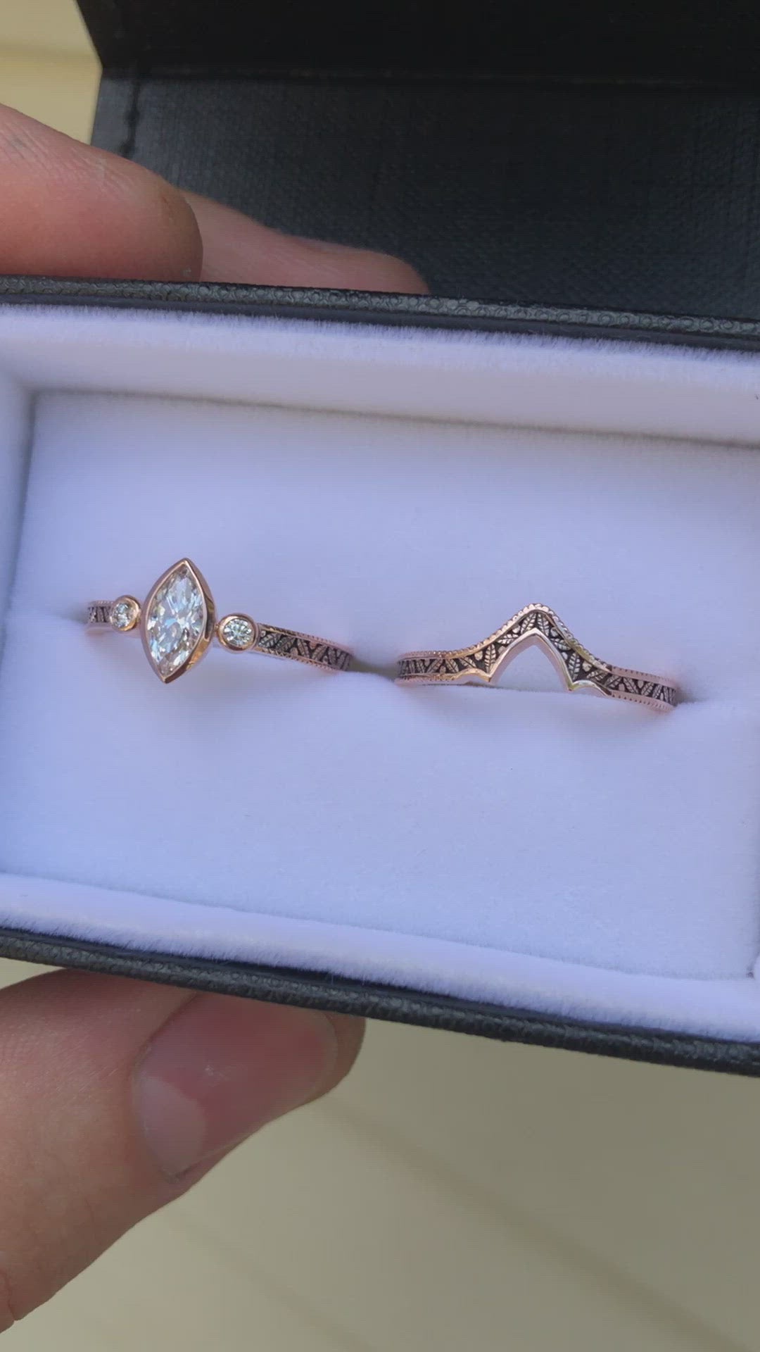 Diamond Rose Gold Hand Made Vintage Engagement Ring Set - Marquise Ring - Leaf