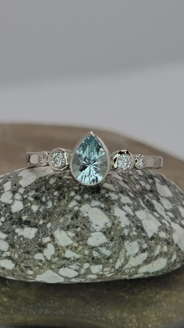 Aquamarine Tear Drop and Diamond Multi Bezel Engagement Ring