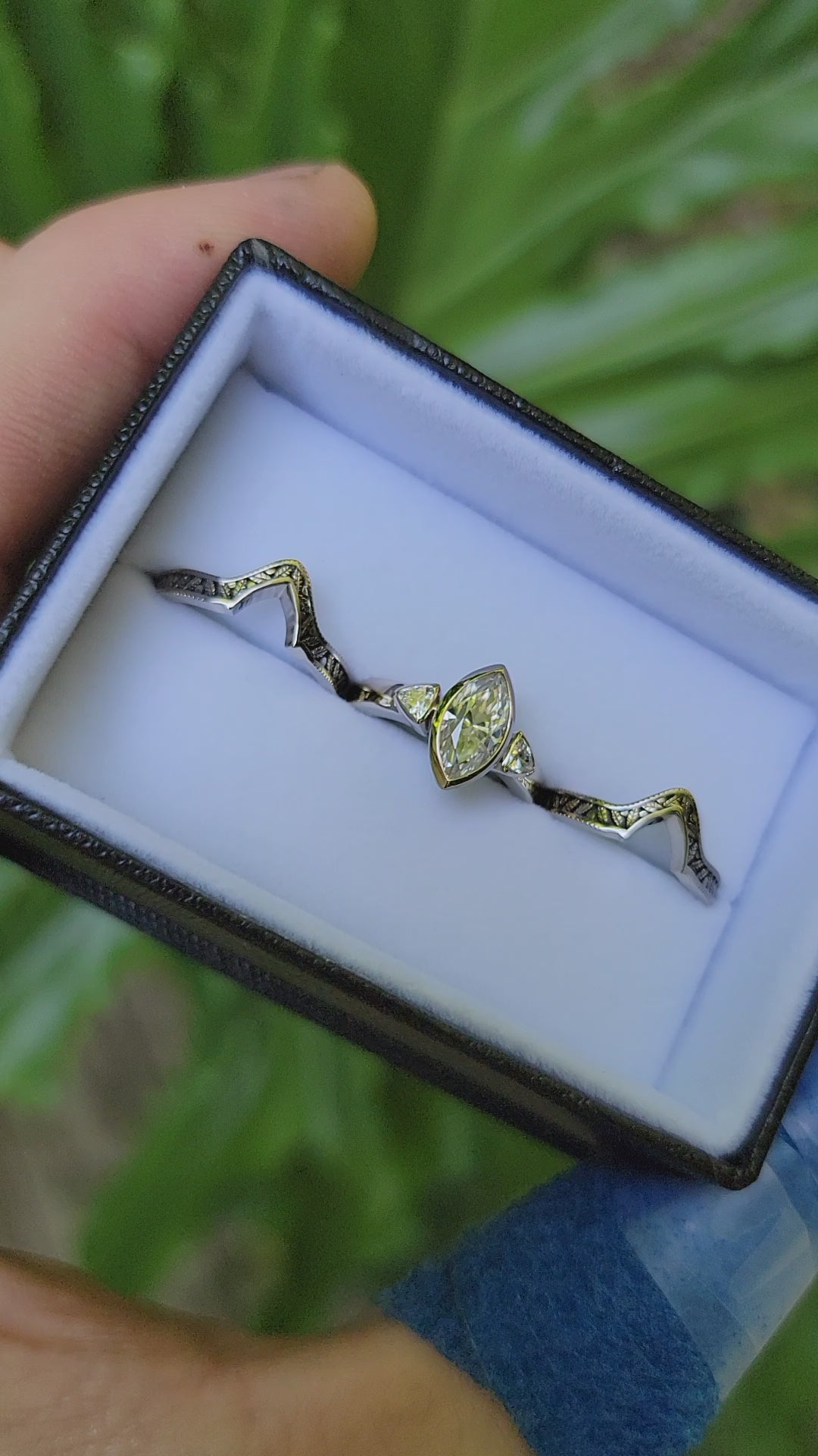 Moissanite White Gold Hand Made Leaf Engraved Vintage Engagement Ring Set - Marquise