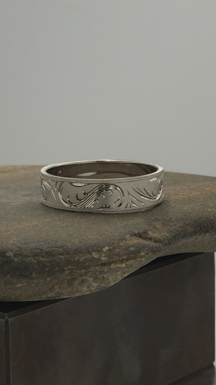 6x1mm Branches and Leaves Variation 2 14kt White Gold Bright Cut Engraved Band
