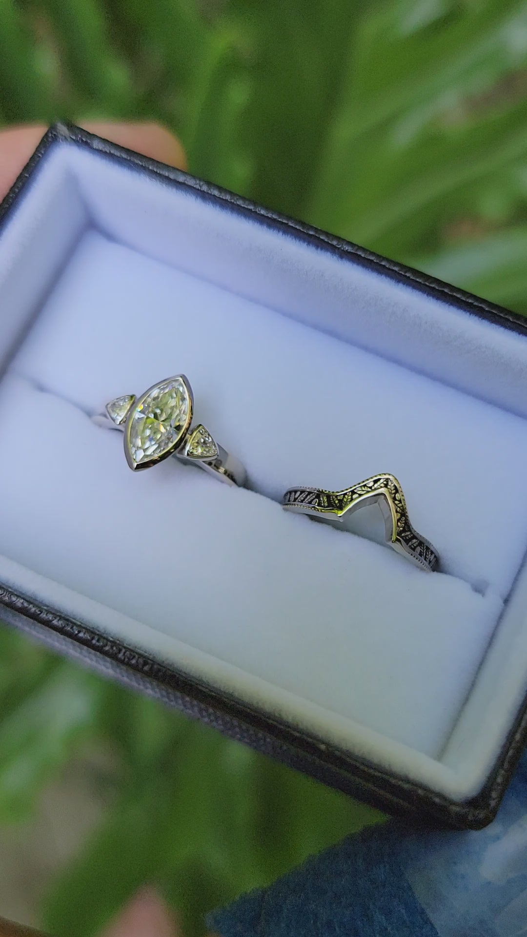 Moissanite White Gold Hand Made Leaf Engraved Vintage Engagement Ring Set - Marquise