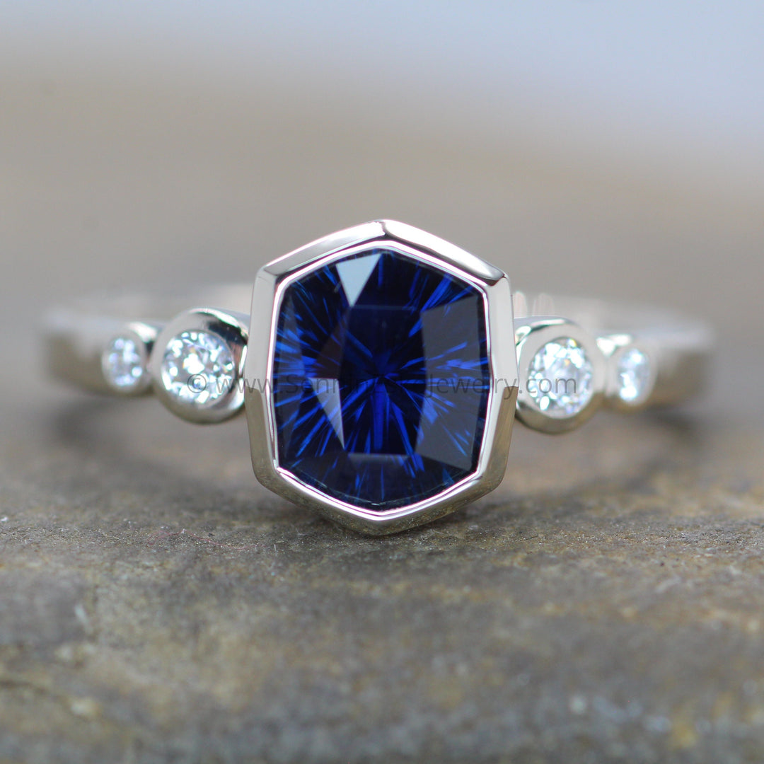 Five Stone Diamond Accented Multi Bezel Setting - Fantasy cut Nigerian Sapphire Cushion Depicted (Setting Only, Center Stone Sold Separately) Sennin Esko Jewelry Emerald Cut Ring, Engagement Rings, Ethical Aquamarine, Gold Engagement Ring, Jewelry, Midnight Blue Loose Settings