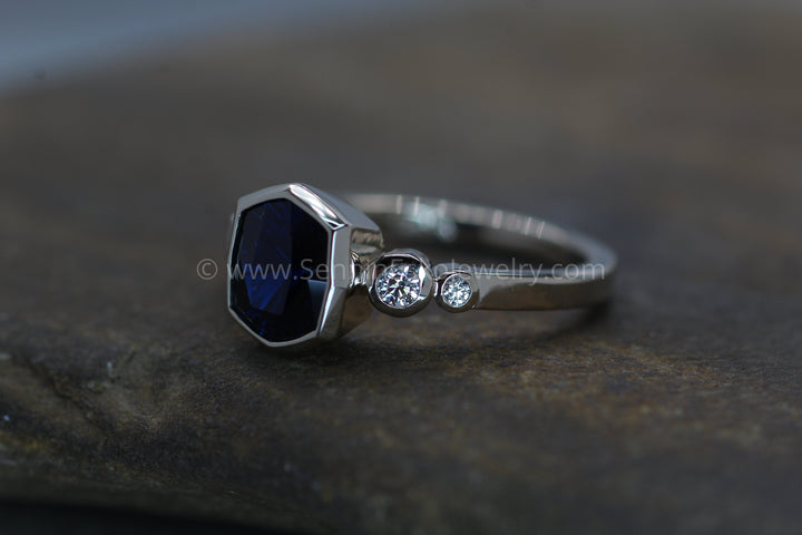 Five Stone Diamond Accented Multi Bezel Setting - Fantasy cut Nigerian Sapphire Cushion Depicted (Setting Only, Center Stone Sold Separately) Sennin Esko Jewelry Emerald Cut Ring, Engagement Rings, Ethical Aquamarine, Gold Engagement Ring, Jewelry, Midnight Blue Loose Settings