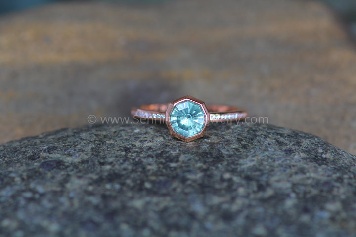Diamond Channel Accented Rose Gold Bezel Ring Setting - Depicted with a Precision Cut Color Changing Montana Sapphire Octagon (Setting Only, Center Stone Sold Separately) Sennin Esko Jewelry Bezel Setting, Diamond Alternative, Green Amethyst, Green Amethyst Ring, Prasiolite Ring, Recycled E Loose Settings