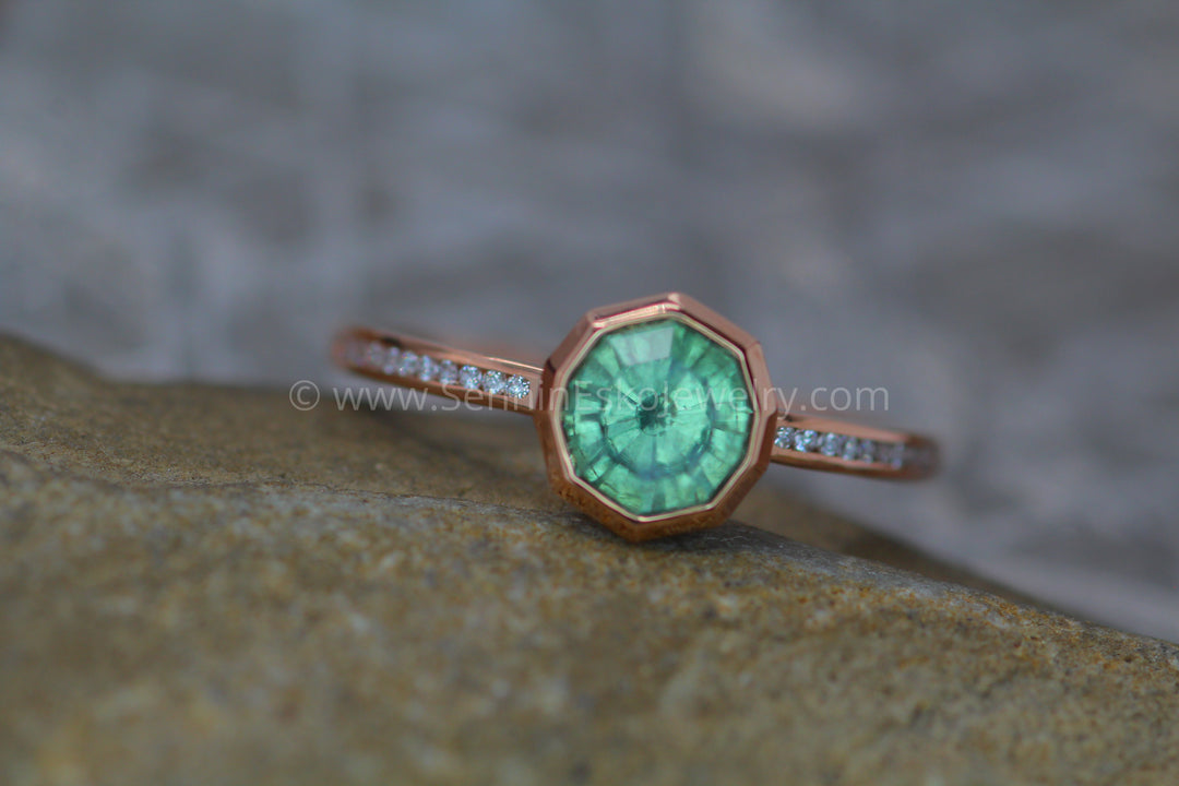 Diamond Channel Accented Rose Gold Bezel Ring Setting - Depicted with a Precision Cut Color Changing Montana Sapphire Octagon (Setting Only, Center Stone Sold Separately) Sennin Esko Jewelry Bezel Setting, Diamond Alternative, Green Amethyst, Green Amethyst Ring, Prasiolite Ring, Recycled E Loose Settings