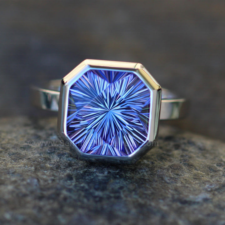 Heavy Weight Platinum Solitaire Bezel Ring Setting - Fantasy Cut 5.9 Carat Tanzanite Depicted (Setting Only, Center Stone Sold Separately) Sennin Esko Jewelry Ethical Sunstone, Jewelry, Montana, Montana Sapphire, Montana Sapphire Cushion, Montana Sapphire Rin Loose Settings