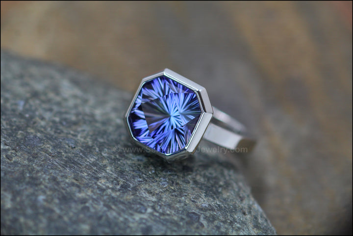 Heavy Weight Platinum Solitaire Bezel Ring Setting - Fantasy Cut 5.9 Carat Tanzanite Depicted (Setting Only, Center Stone Sold Separately) Sennin Esko Jewelry Ethical Sunstone, Jewelry, Montana, Montana Sapphire, Montana Sapphire Cushion, Montana Sapphire Rin Loose Settings