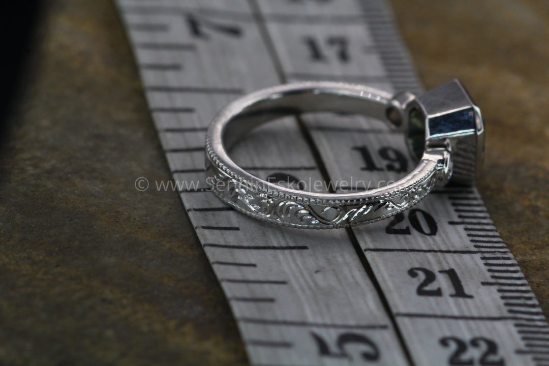 Platinum Engraved Bezel Setting - Branches & Leaves - Depicted with Montana Sapphire (Setting Only, Center Stone Sold Separately) Sennin Esko Jewelry FINE RINGS / ENGAGEMENT Loose Settings