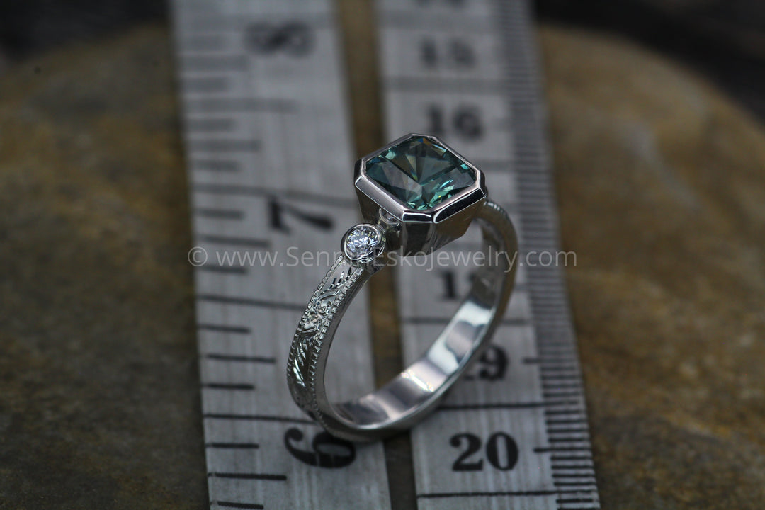 Platinum Engraved Bezel Setting - Branches & Leaves - Depicted with Montana Sapphire (Setting Only, Center Stone Sold Separately) Sennin Esko Jewelry FINE RINGS / ENGAGEMENT Loose Settings