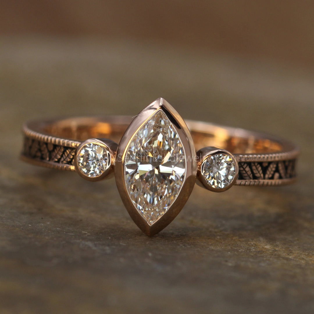 Diamond Rose Gold Hand Made Vintage Engagement Ring Marquise