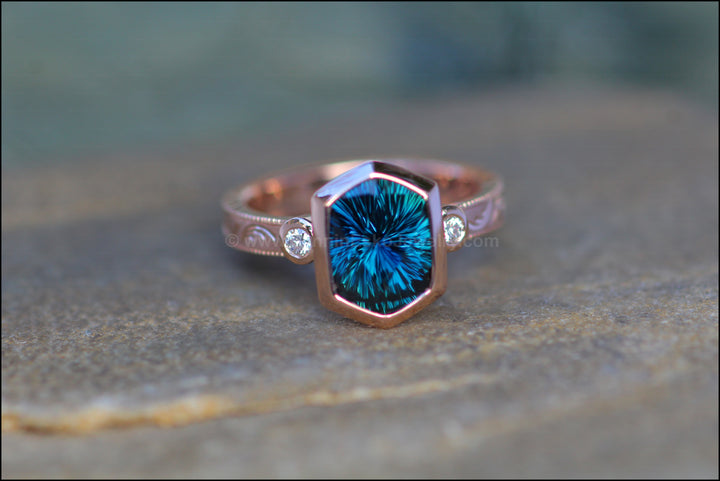 Heavy Weight Rose Gold Branches & Leaves Engraved Multi Bezel Setting - Fantasy Cut 2.6 Carat Parti Sapphire Depicted (Setting Only, Center Stone Sold Separately) Sennin Esko Jewelry Blue Sapphire Ring, Cushion Sapphire Ring, Engraved Sapphire Ring, Fantasy Cut Sapphire, Fantasy Sap Loose Settings