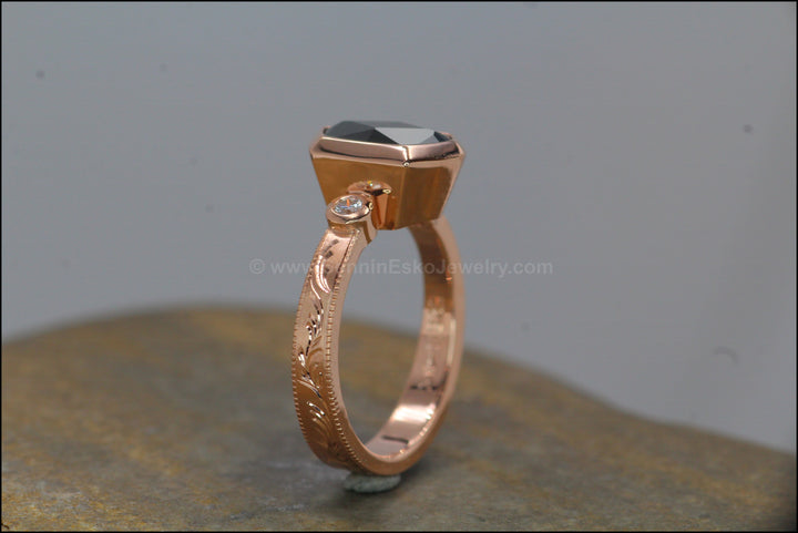 Heavy Weight Rose Gold Branches & Leaves Engraved Multi Bezel Setting - Fantasy Cut 2.6 Carat Parti Sapphire Depicted (Setting Only, Center Stone Sold Separately) Sennin Esko Jewelry Blue Sapphire Ring, Cushion Sapphire Ring, Engraved Sapphire Ring, Fantasy Cut Sapphire, Fantasy Sap Loose Settings