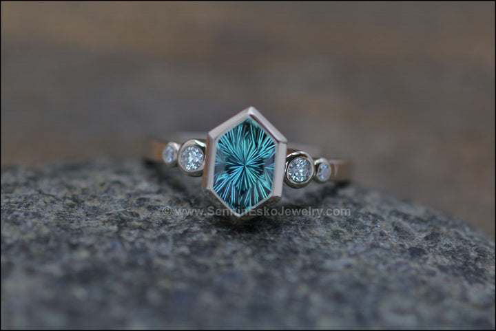 Five Stone Diamond Accented Multi Bezel Setting - Depicted with a Fantasy cut Montana Sapphire Hexagon (Setting Only, Center Stone Sold Separately) Sennin Esko Jewelry Emerald Cut Ring, Engagement Rings, Ethical Aquamarine, Gold Engagement Ring, Jewelry, Montana Sapph Loose Settings