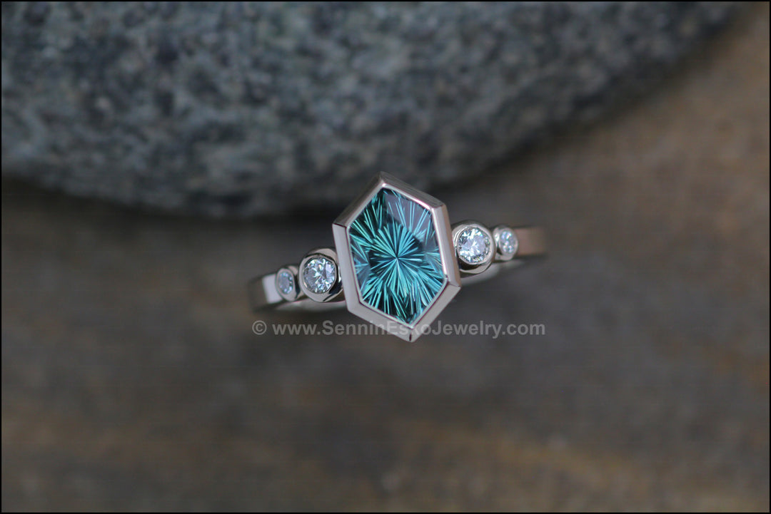 Five Stone Diamond Accented Multi Bezel Setting - Depicted with a Fantasy cut Montana Sapphire Hexagon (Setting Only, Center Stone Sold Separately) Sennin Esko Jewelry Emerald Cut Ring, Engagement Rings, Ethical Aquamarine, Gold Engagement Ring, Jewelry, Montana Sapph Loose Settings