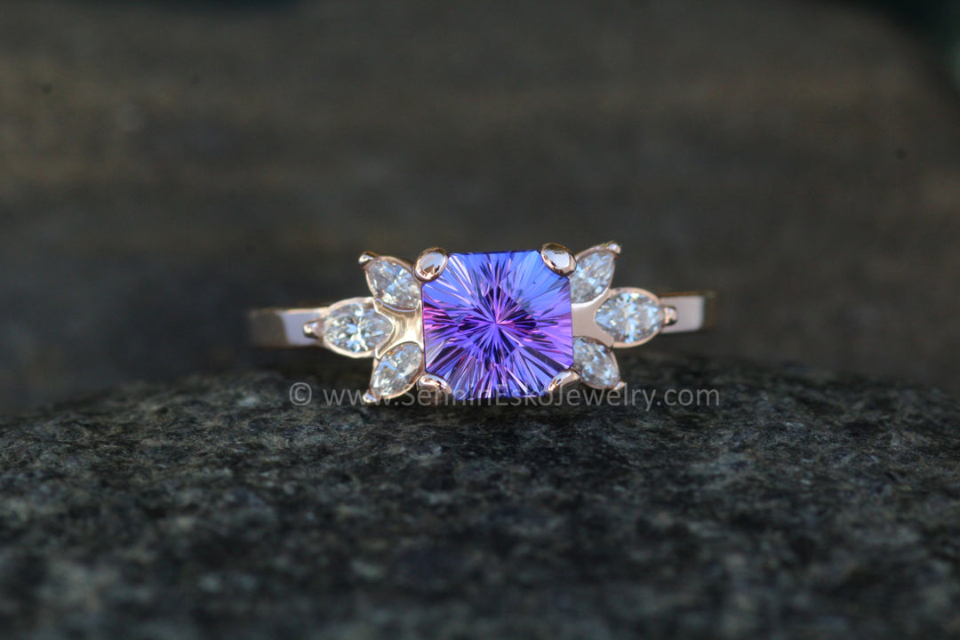 Multi Prong Setting with Diamond Marquise Accents - Depicted with a 1.3 carat Fantasy Cut Tanzanite (Setting Only, Center Stone Sold Separately) Sennin Esko Jewelry Diamond and Tanzanite Ring, Diamond Ring, Engagement Ring, Floral Ring, Jewelry, Rings, Tanzanite An Loose Settings