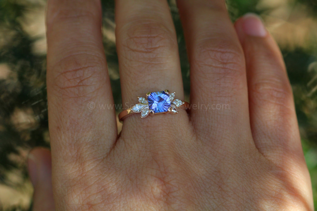 Multi Prong Setting with Diamond Marquise Accents - Depicted with a 1.3 carat Fantasy Cut Tanzanite (Setting Only, Center Stone Sold Separately) Sennin Esko Jewelry Diamond and Tanzanite Ring, Diamond Ring, Engagement Ring, Floral Ring, Jewelry, Rings, Tanzanite An Loose Settings