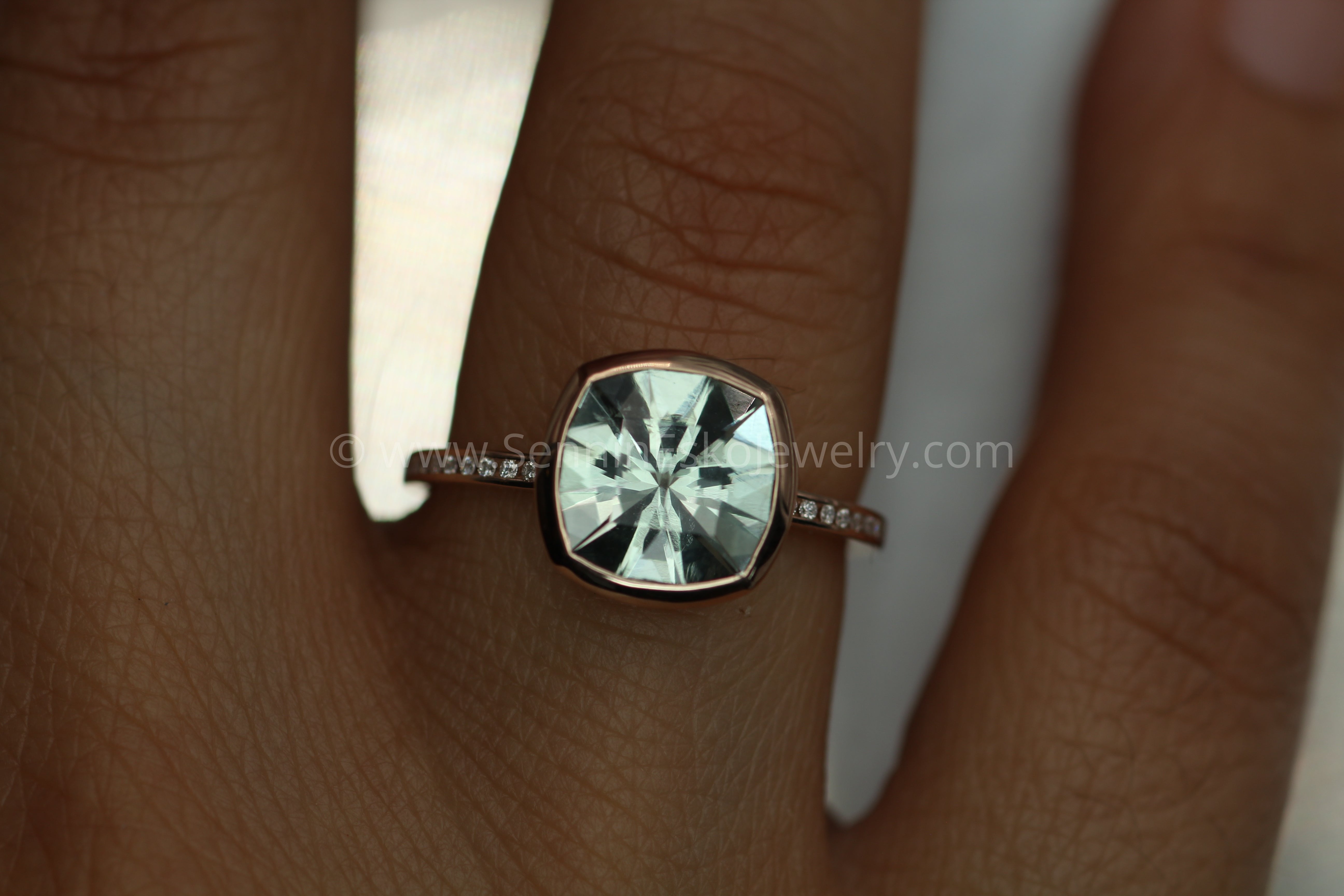 Sz 11 PRASIOLITE & CZ HALO Ring, Rose Gold Over Sterling Silver, 15mm Cushion Cut, Brand New, Also Known orders As Green Amethyst Or Mint Quartz