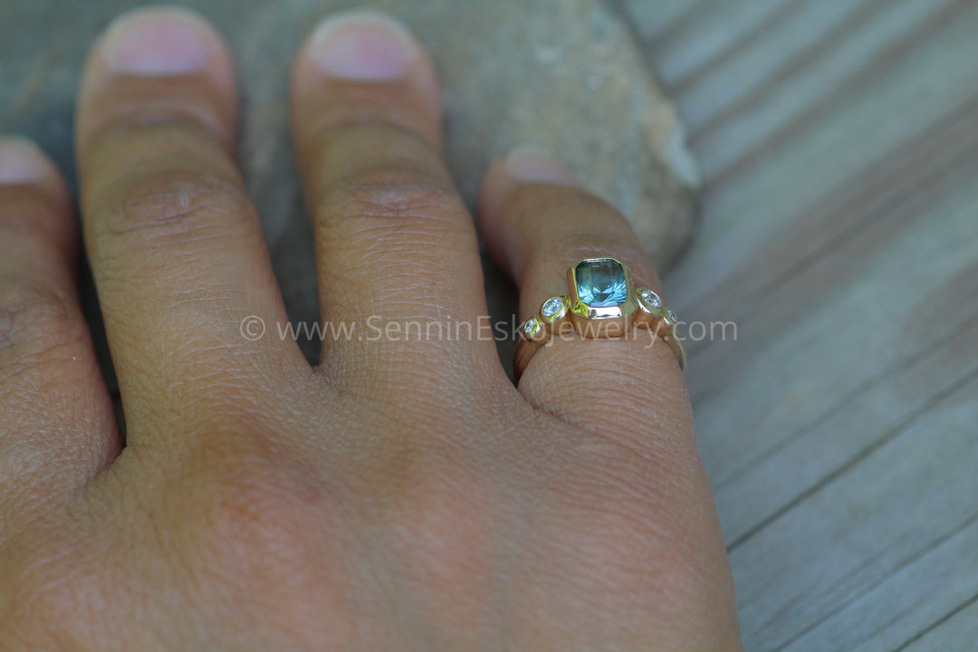 Five Stone Diamond Accented Multi Bezel Setting - Depicted with a Fantasy cut Montana Sapphire Octagon (Setting Only, Center Stone Sold Separately) Sennin Esko Jewelry Emerald Cut Ring, Engagement Rings, Ethical Aquamarine, Gold Engagement Ring, Jewelry, Montana Sapph Loose Settings