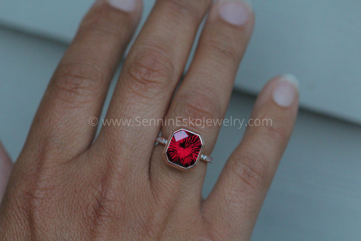 Diamond Channel Accented Rose Gold Bezel Ring Setting - Depicted with a Large Fantasy cut Rhodolite Garnet (Setting Only, Center Stone Sold Separately) Sennin Esko Jewelry Bezel Setting, Diamond Alternative, Garnet Ring, Large Garnet Ring, Recycled Engagement, Rhodolite G Loose Settings