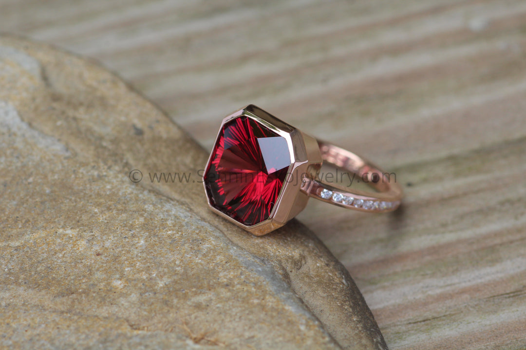 Diamond Channel Accented Rose Gold Bezel Ring Setting - Depicted with a Large Fantasy cut Rhodolite Garnet (Setting Only, Center Stone Sold Separately) Sennin Esko Jewelry Bezel Setting, Diamond Alternative, Garnet Ring, Large Garnet Ring, Recycled Engagement, Rhodolite G Loose Settings