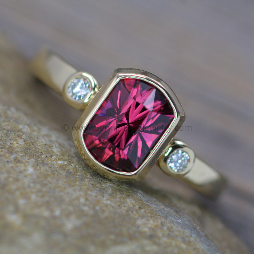 Three Gem Diamond accented Yellow Gold Bezel Ring Setting Depicted with a Precision Cut Umba Garnet (Setting Only, Center Stone Sold Separately)