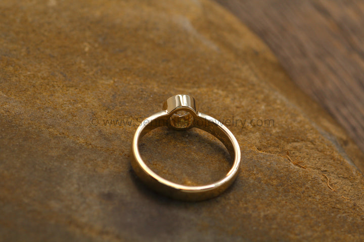 Moissanite Yellow Gold 5mm Glossy Bezel Engagement Ring - Flat Band Sennin Esko Jewelry Alternative Ring, Charles and Colvard, Diamond Alternative, Forever One, Gold Moissanite, Gold Ring, FINE RINGS / ENGAGEMENT