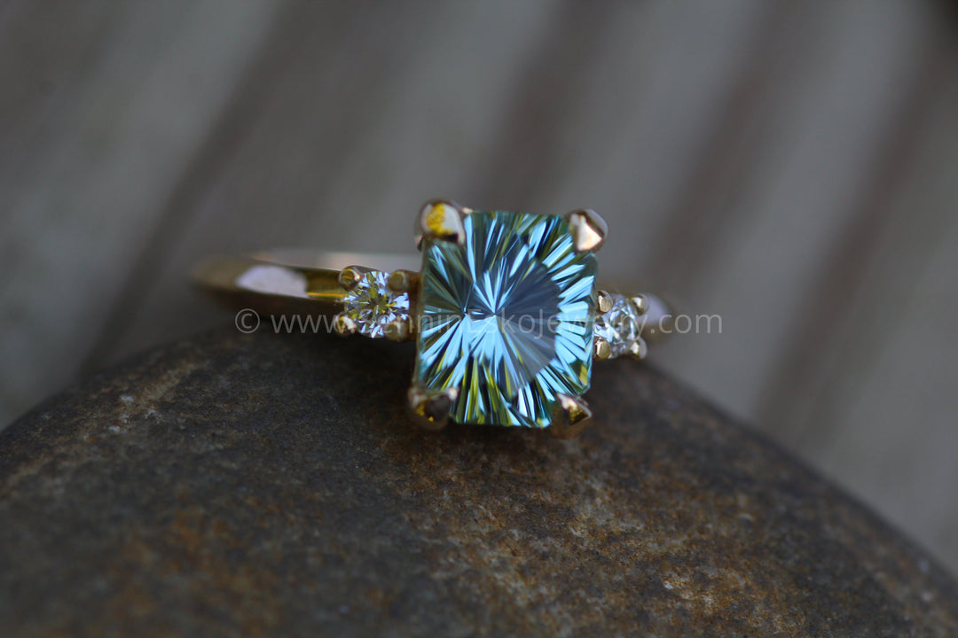 Mediumweight 3x Gem Prong Setting with Round Diamnd Accents Carat Aquamarine Depicted (Setting Only, Center Stone Sold Separately)