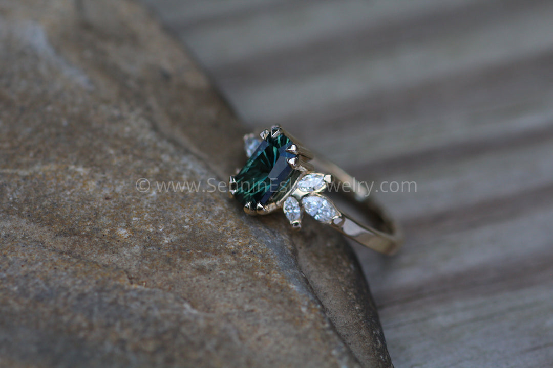 Multi Prong Setting with Diamond Marquise Accents - Depicted with a 16 Carat Parti Sapphire (Setting Only, Center Stone Sold Separately) Sennin Esko Jewelry Baguette, Diamond Baguette, Emerald Cut Ring, Engagement Rings, Ethical Aquamarine, Gold Engagement  Loose Settings
