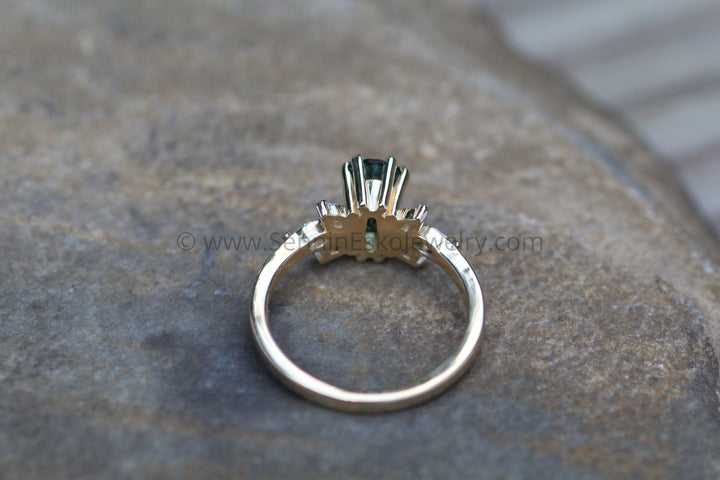 Multi Prong Setting with Diamond Marquise Accents - Depicted with a 16 Carat Parti Sapphire (Setting Only, Center Stone Sold Separately) Sennin Esko Jewelry Baguette, Diamond Baguette, Emerald Cut Ring, Engagement Rings, Ethical Aquamarine, Gold Engagement  Loose Settings