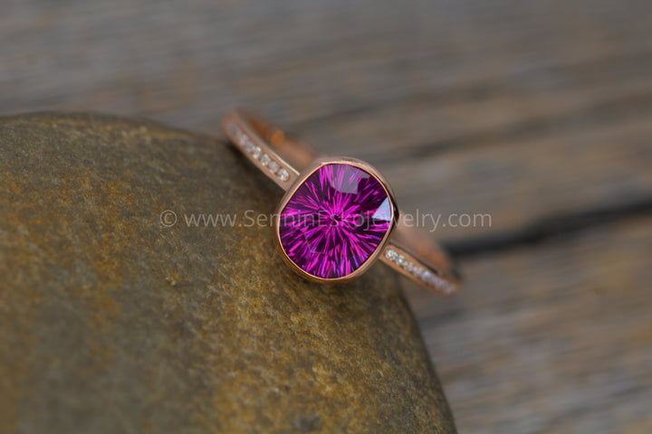 Diamond Channel Accented Rose Gold Bezel Ring Setting - Depicted with a Fantasy cut Purple Garnet  (Setting Only, Center Stone Sold Separately) Sennin Esko Jewelry Bezel Setting, Diamond Alternative, Green Amethyst, Green Amethyst Ring, Prasiolite Ring, Recycled E Loose Settings