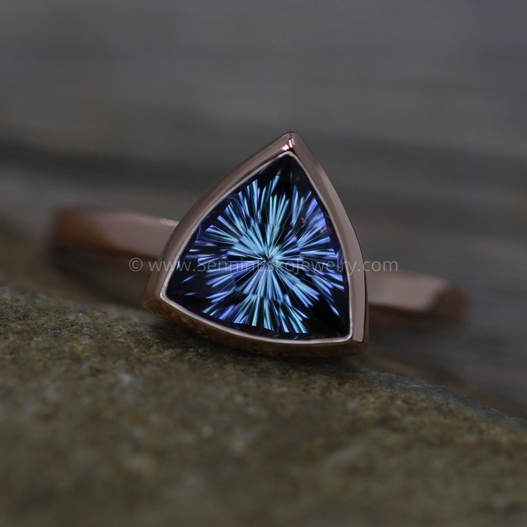 Medium Weight Bezel Ring Setting with a Rectangular Band - Tanzanite Depicted (Setting Only, Center Stone Sold Separately) Sennin Esko Jewelry Rose Gold, Rose Gold Bezel, Tanzanite, Tanzanite Bezel, Tanzanite Engagement, Tanzanite Jewelry, Tan Loose Settings