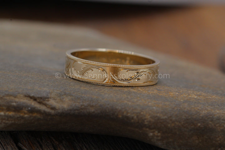 5x1mm Branches and Leaves Variation 2 14kt Yellow Gold Bright Cut Engraved Band Sennin Esko Jewelry Branch Ring, Branches and LEaves, Bright Cut Ring, Engraved band, Engraved Branch Ring, Engraved Lea ENGRAVABLE BANDS/WEDDING
