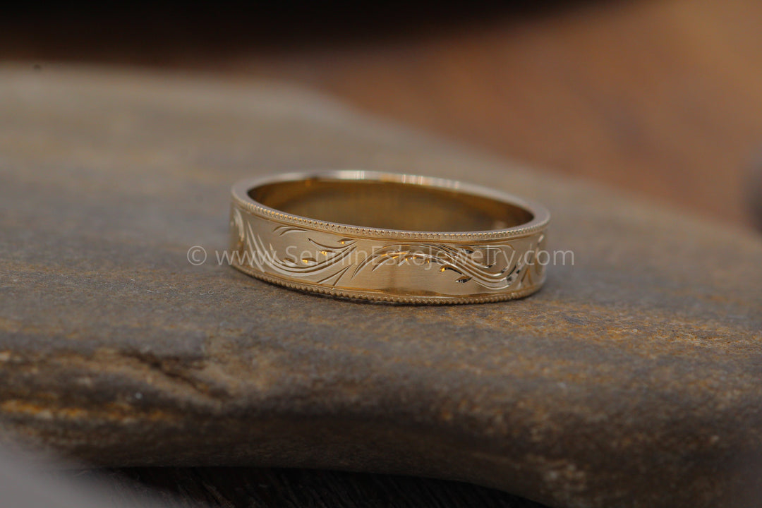 5x1mm Branches and Leaves Variation 2 14kt Yellow Gold Bright Cut Engraved Band Sennin Esko Jewelry Branch Ring, Branches and LEaves, Bright Cut Ring, Engraved band, Engraved Branch Ring, Engraved Lea ENGRAVABLE BANDS/WEDDING