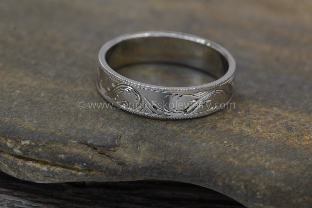 5x1mm Branches and Leaves Variation 2 14kt White Gold Bright Cut Engraved Band Sennin Esko Jewelry Branch Ring, Branches and LEaves, Bright Cut Ring, Engraved band, Engraved Branch Ring, Engraved Lea ENGRAVABLE BANDS/WEDDING