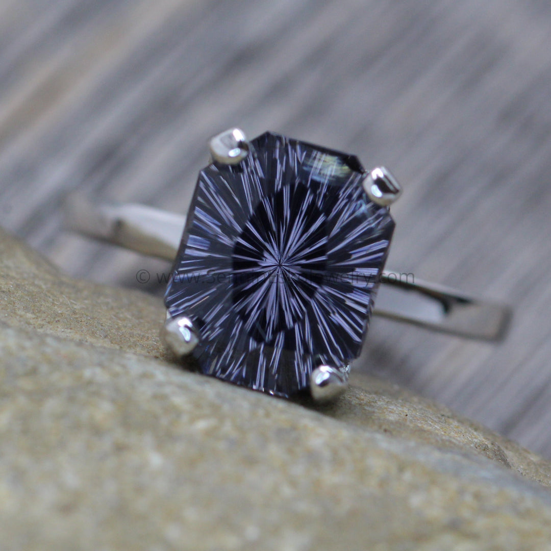 Medium/Heavy Weight Platinum Solitaire Prong Ring Setting Fantasy Cut Gray Spinel Depicted (Setting Only, Center Stone Sold Separately)