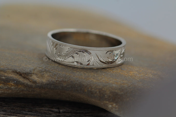 6x1mm Branches and Leaves Variation 2 14kt White Gold Bright Cut Engraved Band Sennin Esko Jewelry Branch Ring, Branches and LEaves, Bright Cut Ring, Engraved band, Engraved Branch Ring, Engraved Lea ENGRAVABLE BANDS/WEDDING