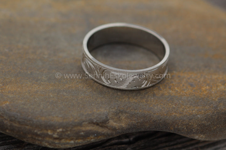 6x1mm Branches and Leaves Variation 2 14kt White Gold Bright Cut Engraved Band Sennin Esko Jewelry Branch Ring, Branches and LEaves, Bright Cut Ring, Engraved band, Engraved Branch Ring, Engraved Lea ENGRAVABLE BANDS/WEDDING