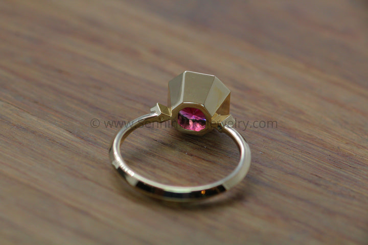 Knife Edge Bezel Set Ring with Small Diamond Accents - Depicted with a  3.3 Carat Rhodolite Garnet (Setting Only, Center Stone Sold Separately) Sennin Esko Jewelry Emerald Cut Ring, Engagement Rings, Ethical Aquamarine, Gold Engagement Ring, Jewelry, Knife Edge, M Loose Settings