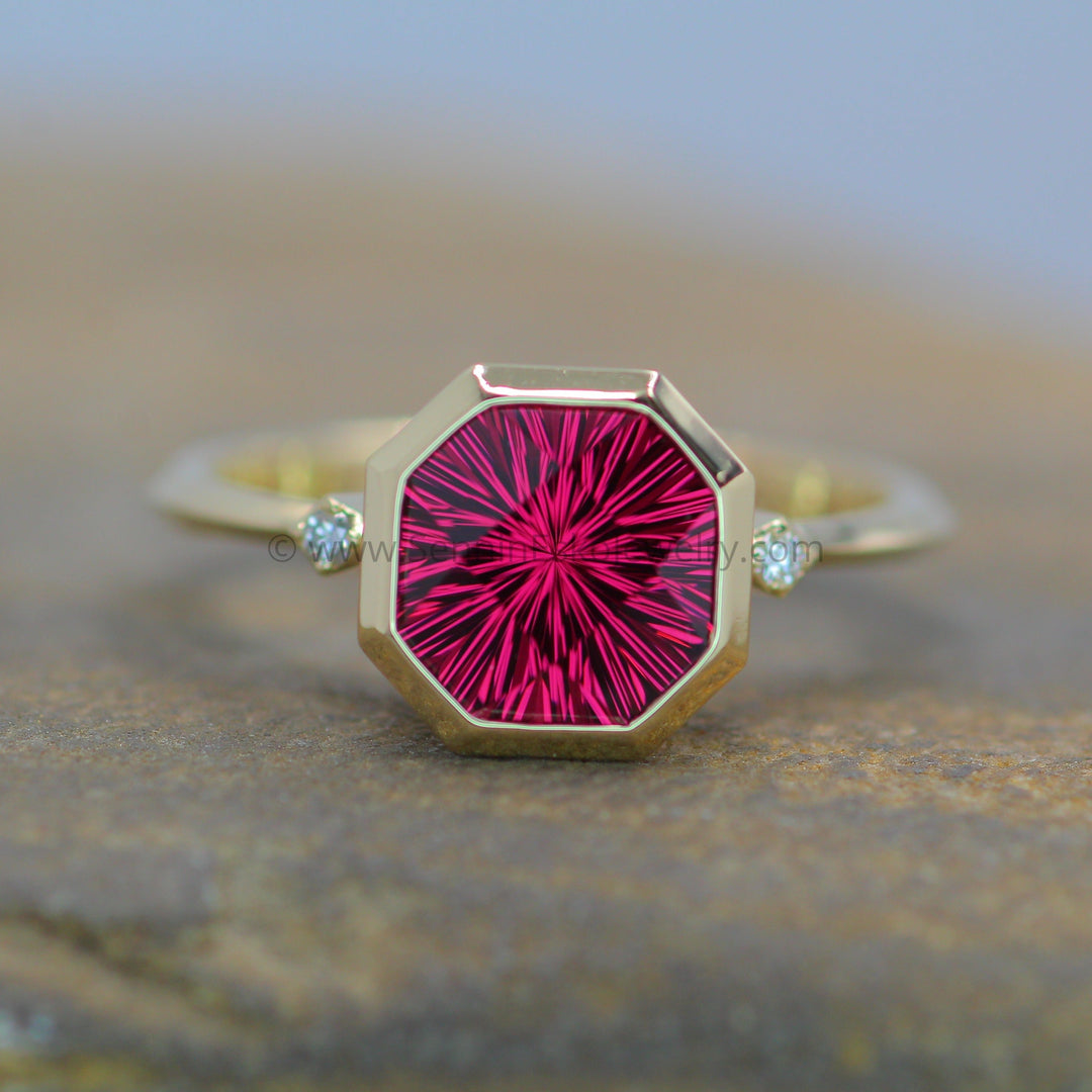 Knife Edge Bezel Set Ring with Small Diamond Accents - Depicted with a  3.3 Carat Rhodolite Garnet (Setting Only, Center Stone Sold Separately) Sennin Esko Jewelry Emerald Cut Ring, Engagement Rings, Ethical Aquamarine, Gold Engagement Ring, Jewelry, Knife Edge, M Loose Settings