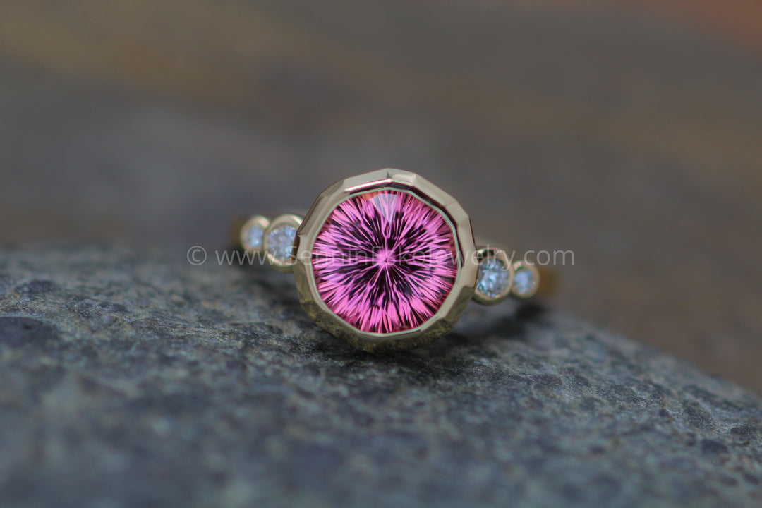 Five Stone Diamond Accented Multi Bezel Setting with a Faceted Texture Center Bezel - Depicted with a Fantasy cut Pink Tourmaline (Setting Only, Center Stone Sold Separately) Sennin Esko Jewelry Engagement Rings, Gold Engagement Ring, Jewelry, Multi Bezel Ring, Pink Tourmaline, Pink Tourmaline  Loose Settings