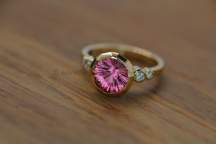 Five Stone Diamond Accented Multi Bezel Setting with a Faceted Texture Center Bezel - Depicted with a Fantasy cut Pink Tourmaline (Setting Only, Center Stone Sold Separately) Sennin Esko Jewelry Engagement Rings, Gold Engagement Ring, Jewelry, Multi Bezel Ring, Pink Tourmaline, Pink Tourmaline  Loose Settings