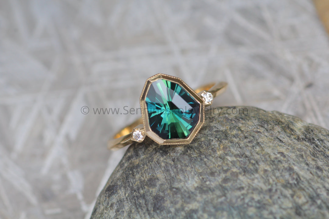 Knife Edge Bezel Set Ring with Small Diamond Accents - Depicted with a 1.8 Carat Parti Sapphire (Setting Only, Center Stone Sold Separately) Sennin Esko Jewelry Emerald Cut Ring, Engagement Rings, Ethical Aquamarine, Gold Engagement Ring, Jewelry, Knife Edge, M Loose Settings