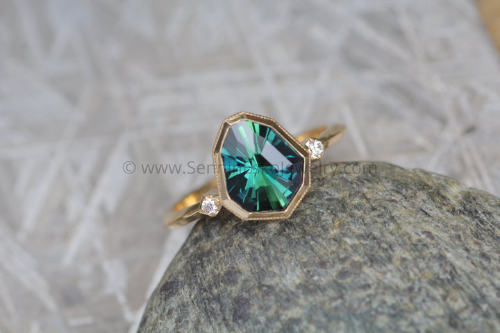 Knife Edge Bezel Set Ring with Small Diamond Accents - Depicted with a 1.8 Carat Parti Sapphire (Setting Only, Center Stone Sold Separately) Sennin Esko Jewelry Emerald Cut Ring, Engagement Rings, Ethical Aquamarine, Gold Engagement Ring, Jewelry, Knife Edge, M Loose Settings