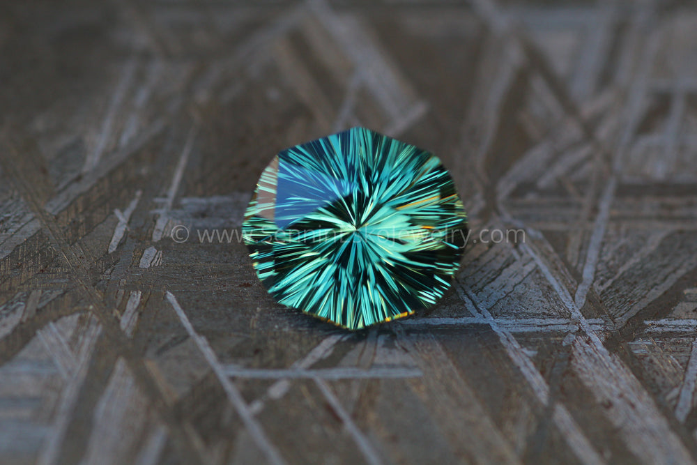 3.4 carat Bluish Green & Yellow Parti Sapphire - Fantasy Cut, 10x9mm Sennin Esko Jewelry Archive Tag, Beads, Cushion Sapphire, Electric Sapphire, Fantasy Cut, Fantasy Cut Sapphire, Gems & C Past Hand Cut Gemstones