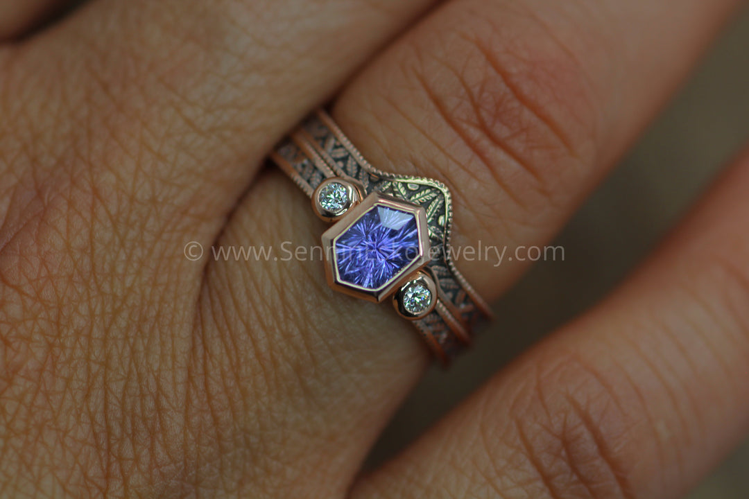 Vintage Inspired Leaf Multi Bezel Ring Set - Depicted with a Purple Sapphire (Setting Only, Center Stone Sold Separately) Sennin Esko Jewelry Bezel ring, Conflict Free Ring, Deep Purple Sapphire, Engagement Ring, Gold Engagement, Hexagon, Hex Loose Settings