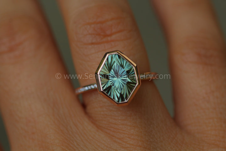 Diamond Channel Accented Rose Gold Bezel Ring Setting - Depicted with a Fantasy cut Prasiolite (Setting Only, Center Stone Sold Separately) Sennin Esko Jewelry Bezel Setting, Diamond Alternative, Green Amethyst, Green Amethyst Ring, Prasiolite Ring, Recycled E Loose Settings